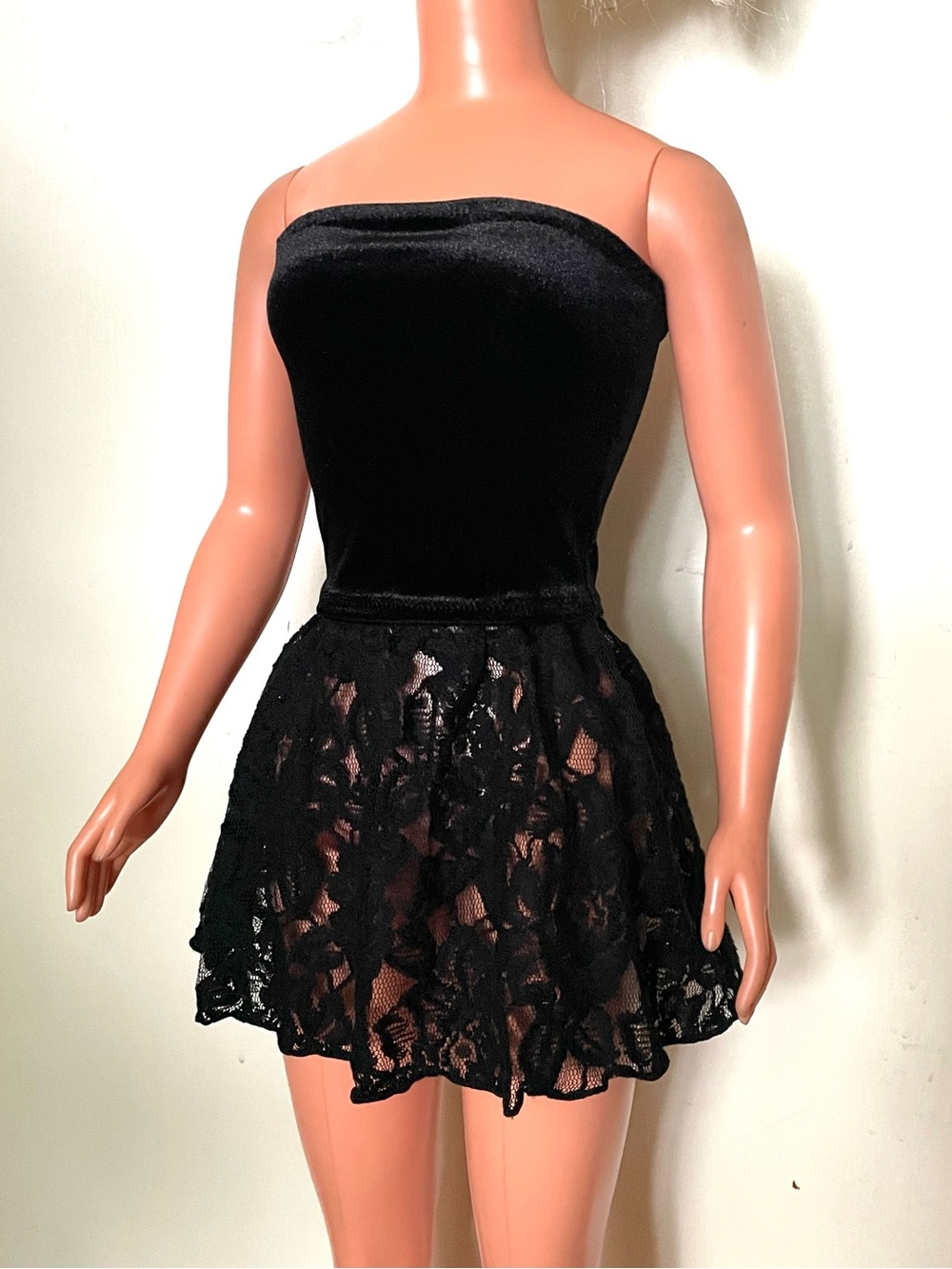Black Velvet Top & Lace Mini Skirt for My Size Barbie Doll 36" New. Handmade…